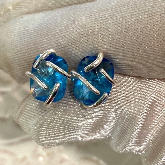 Handmade Blue Topaz Rectangular Cushion Gemstone Sterling Silver Earrings 8Ct - Picture 7 of 15